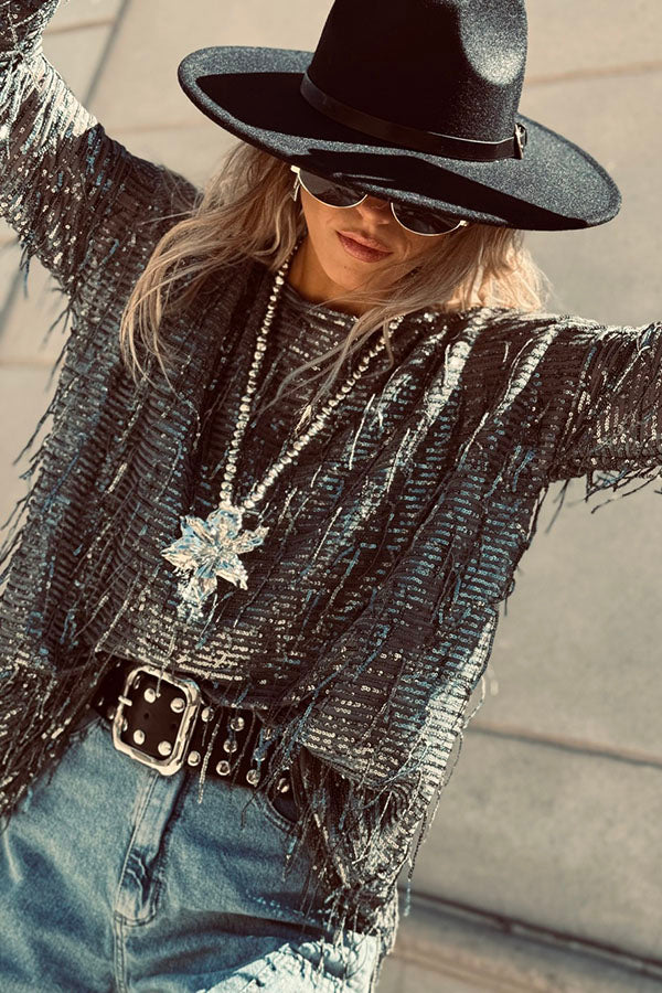 Cardydony Women's Party Crasher Sequin Tassle Fabric Long Sleeve Loose Top