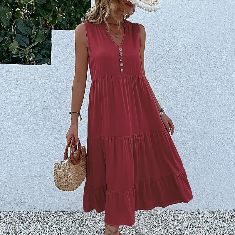 Cardydony Women's Sleeveless Tiered Midi Dress with Button Detail - Summer Must-Have