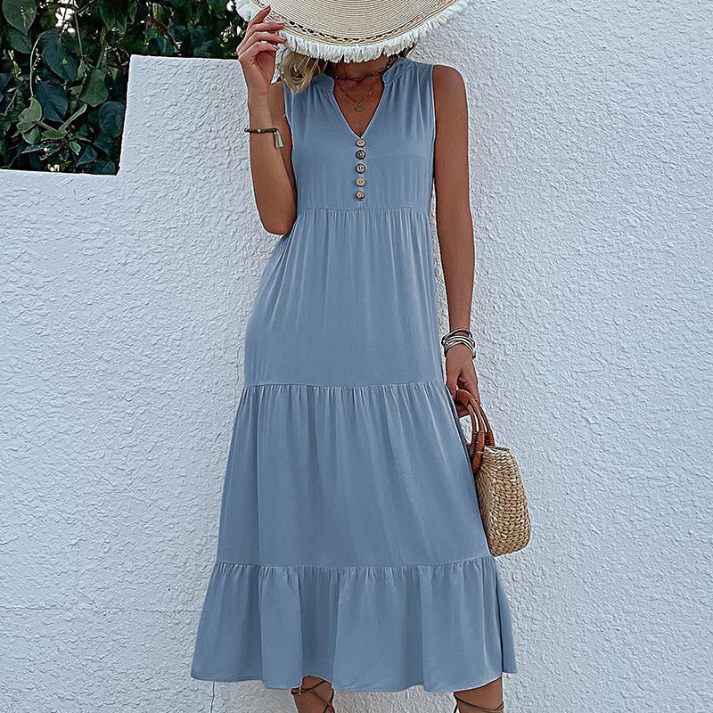 Cardydony Women's Sleeveless Tiered Midi Dress with Button Detail - Summer Must-Have