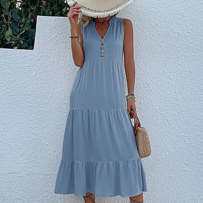 Cardydony Women's Sleeveless Tiered Midi Dress with Button Detail - Summer Must-Have