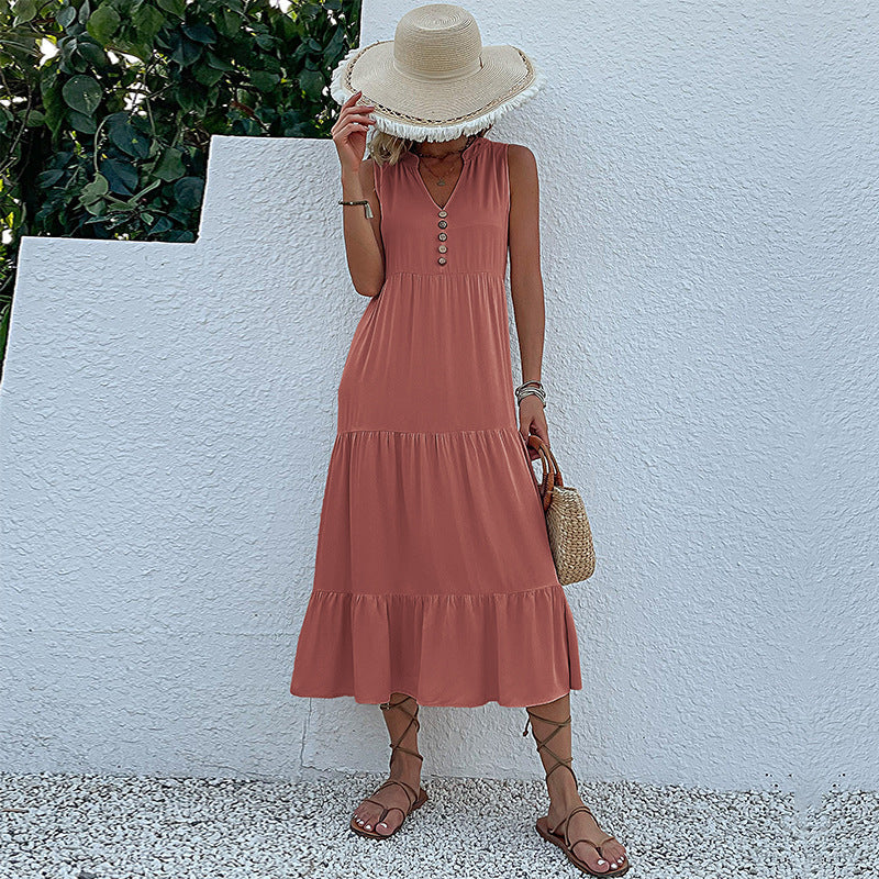 Cardydony Women's Sleeveless Tiered Midi Dress with Button Detail - Summer Must-Have