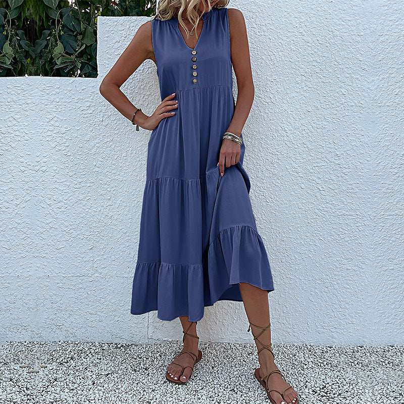 Cardydony Women's Sleeveless Tiered Midi Dress with Button Detail - Summer Must-Have