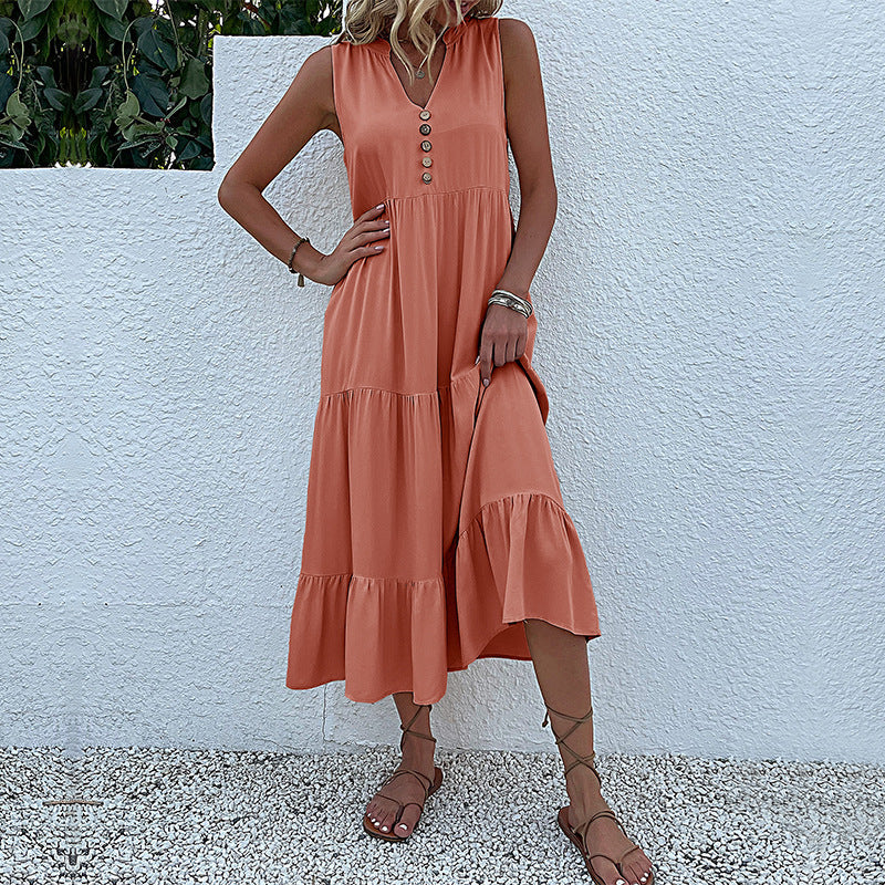 Cardydony Women's Sleeveless Tiered Midi Dress with Button Detail - Summer Must-Have
