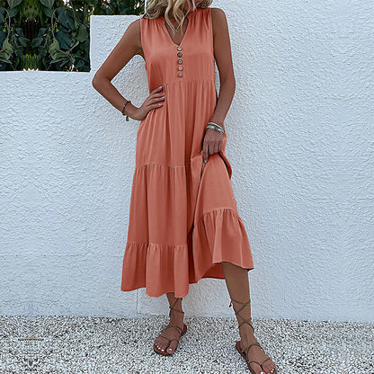 Cardydony Women's Sleeveless Tiered Midi Dress with Button Detail - Summer Must-Have
