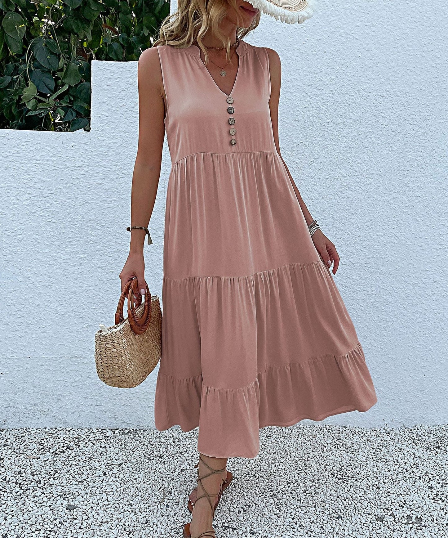 Cardydony Women's Sleeveless Tiered Midi Dress with Button Detail - Summer Must-Have