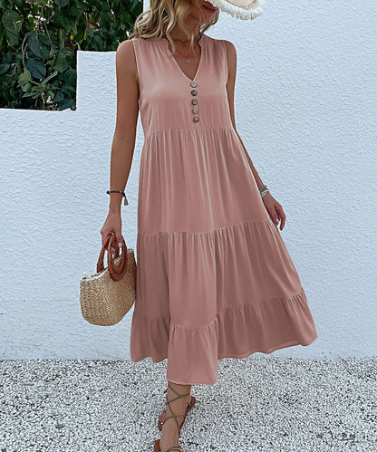 Cardydony Women's Sleeveless Tiered Midi Dress with Button Detail - Summer Must-Have