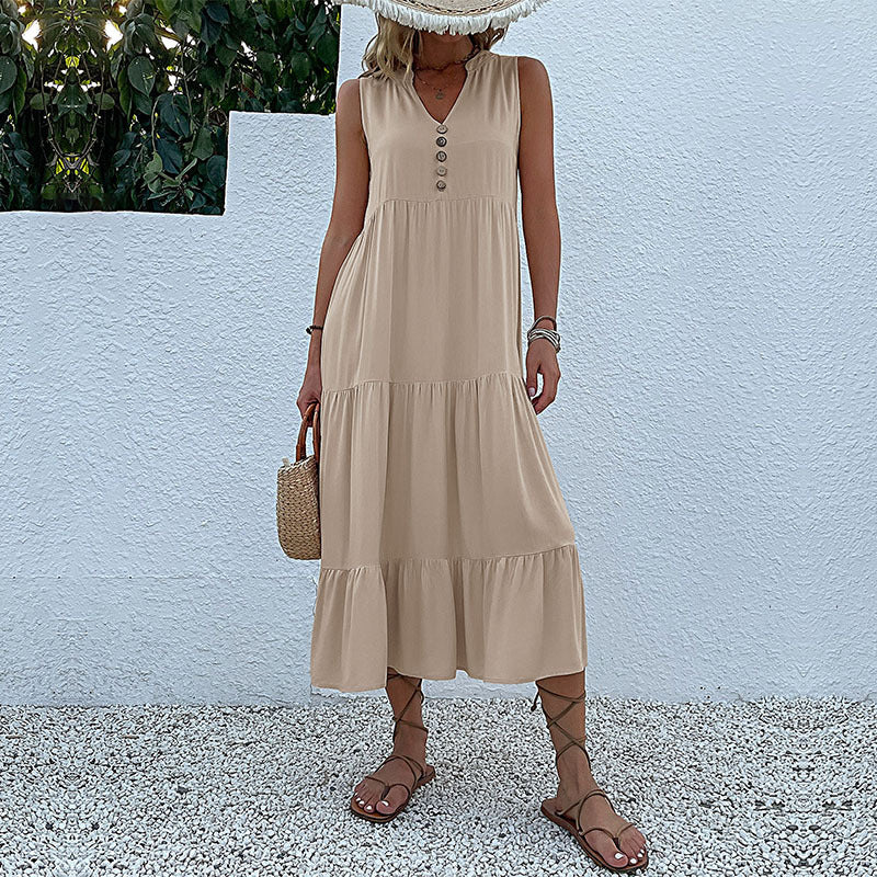 Cardydony Women's Sleeveless Tiered Midi Dress with Button Detail - Summer Must-Have