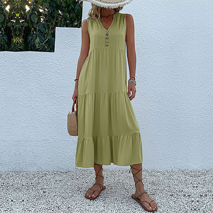 Cardydony Women's Sleeveless Tiered Midi Dress with Button Detail - Summer Must-Have