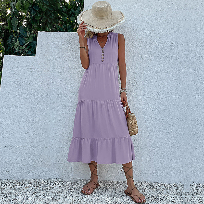 Cardydony Women's Sleeveless Tiered Midi Dress with Button Detail - Summer Must-Have