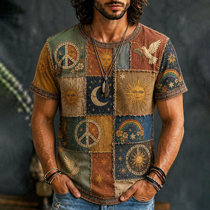 Cardydony Men's Hippie Element Geometric Patchwork Print Short Sleeve T-shirt