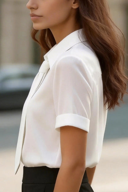 Cardydony Women's  Solid Color Collared Tie Short-sleeved Casual Shirt