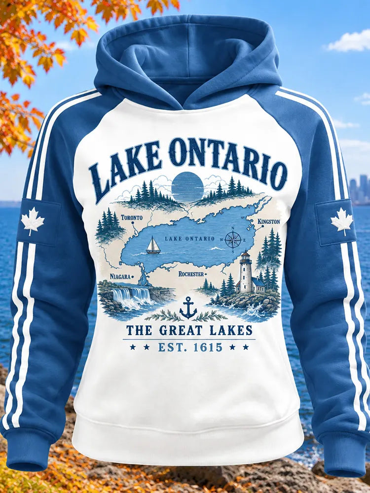 Cardydony Women's Lake Ontario Letter And Landscape Art Print Casual Raglan Sleeve Hoodie
