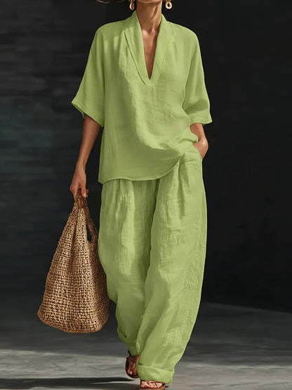 Cardydony Women's Casual Cozy Minimalist Linen Two-piece Set