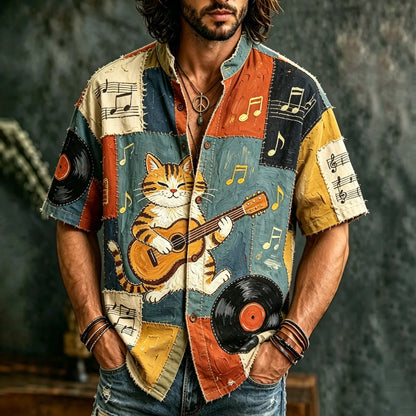 Cardydony Men's Hippie Peace And Love Music With Cute Cat Patchwork Art Print Casual Shirt