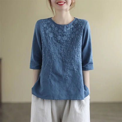 Cardydony Heavily Embroidered Floral Loose-fit Crewneck Top