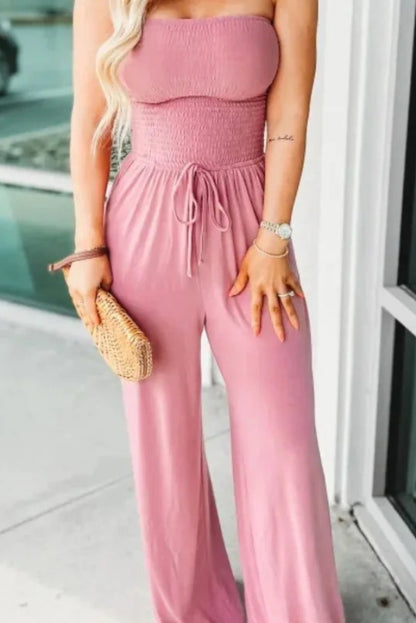 Cardydony Women's Solid Color Sleeveless Off-shoulder Pleated Loose Pocket Casual Wide-leg Jumpsuit