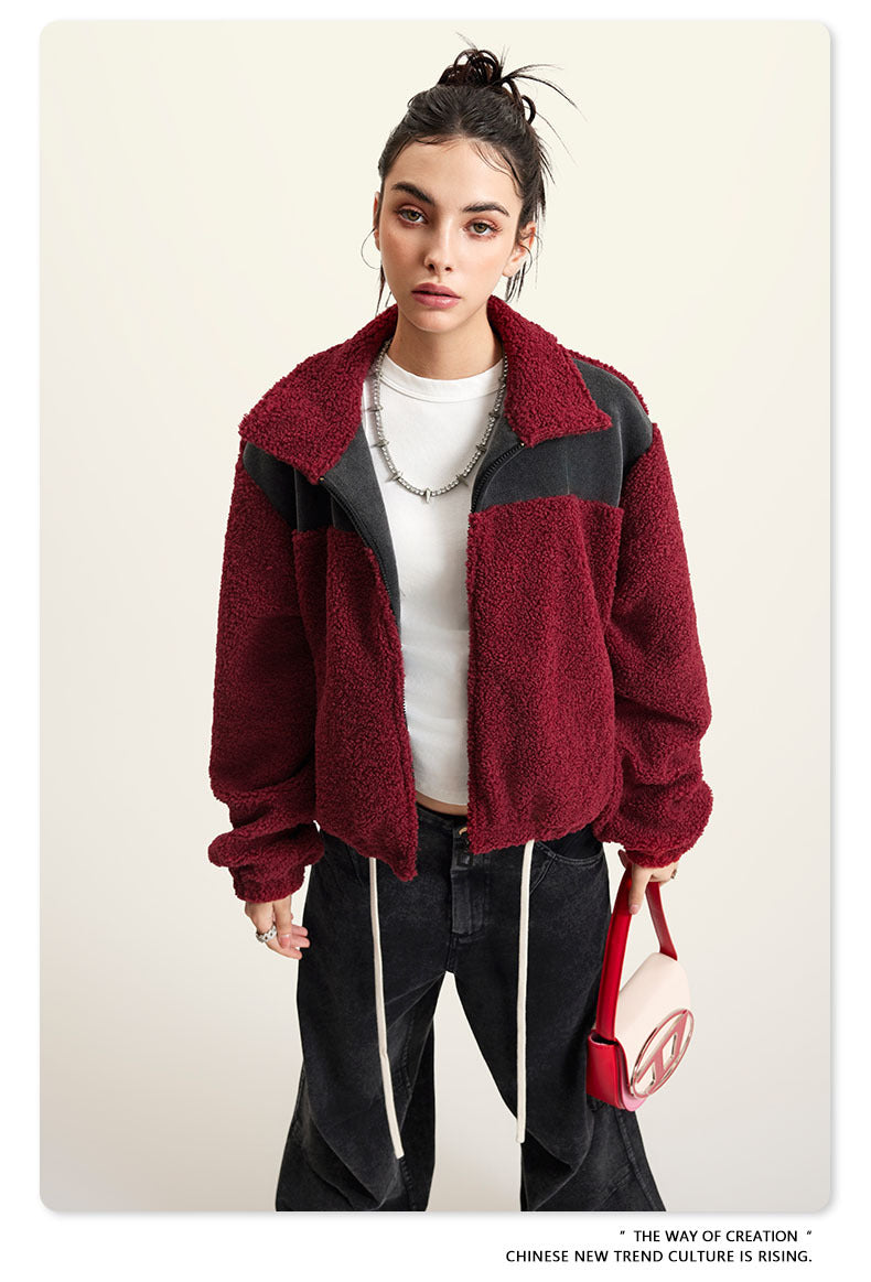 Cardydony Women's Cropped Fleece Jacket | Contrast Collar Winter Warm