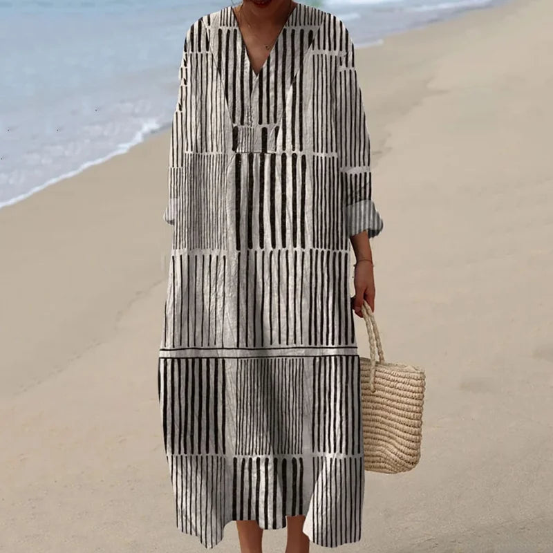 Cardydony Women's Vintage Geometric Line Art Print Cotton Dress