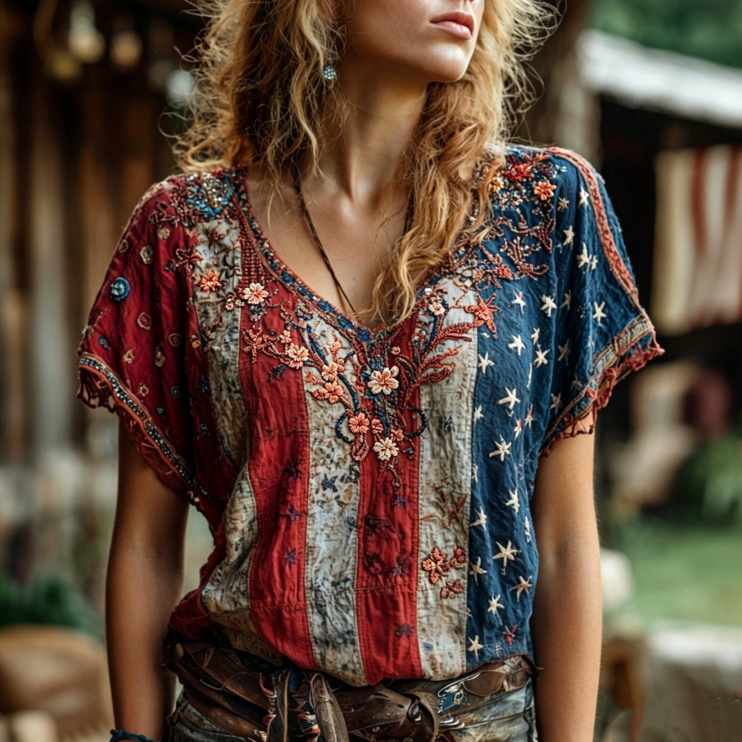 Cardydony Women's Bohemian Style American Flag And Floral Print Independence Day Celebration V-neck Short-sleeve Top