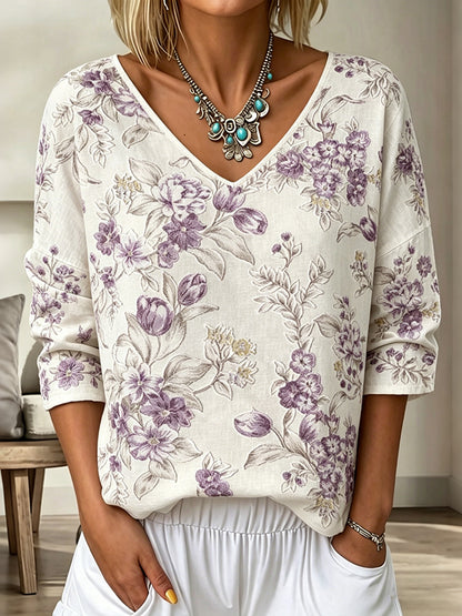 Cardydony Women's Floral Art Print Flowy Linen Blend Three-quarter Sleeve V Neck Linen Tops