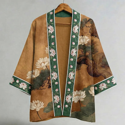 Cardydony Japanese Lotus Motif Art Linen Kimono