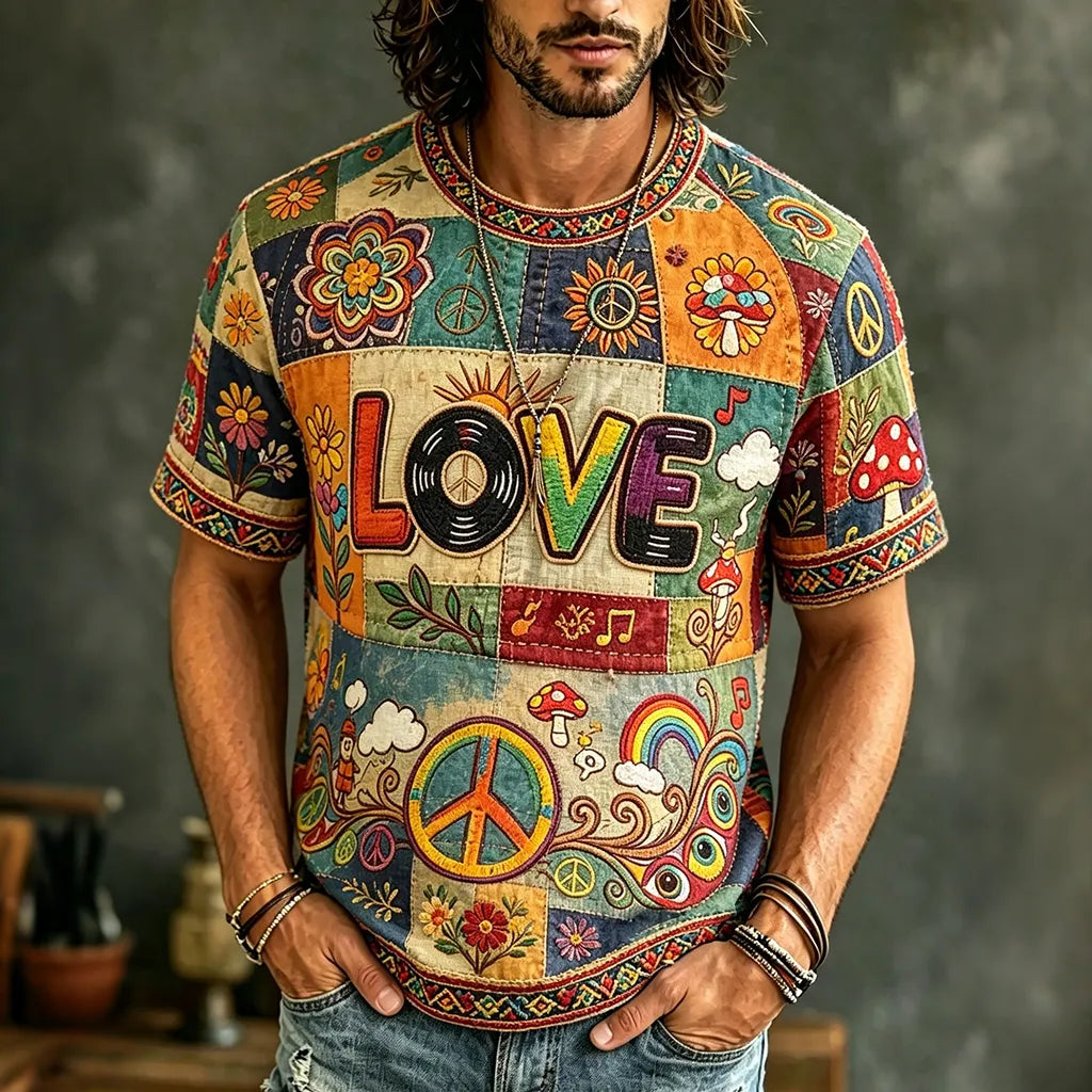Cardydony Men's Casual Color Block Love Music Retro Hippie Crew Neck T-shirt