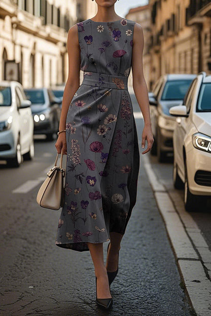 Cardydony Women's Unique Print Sleeveless Round Neck Casual Midi Dress