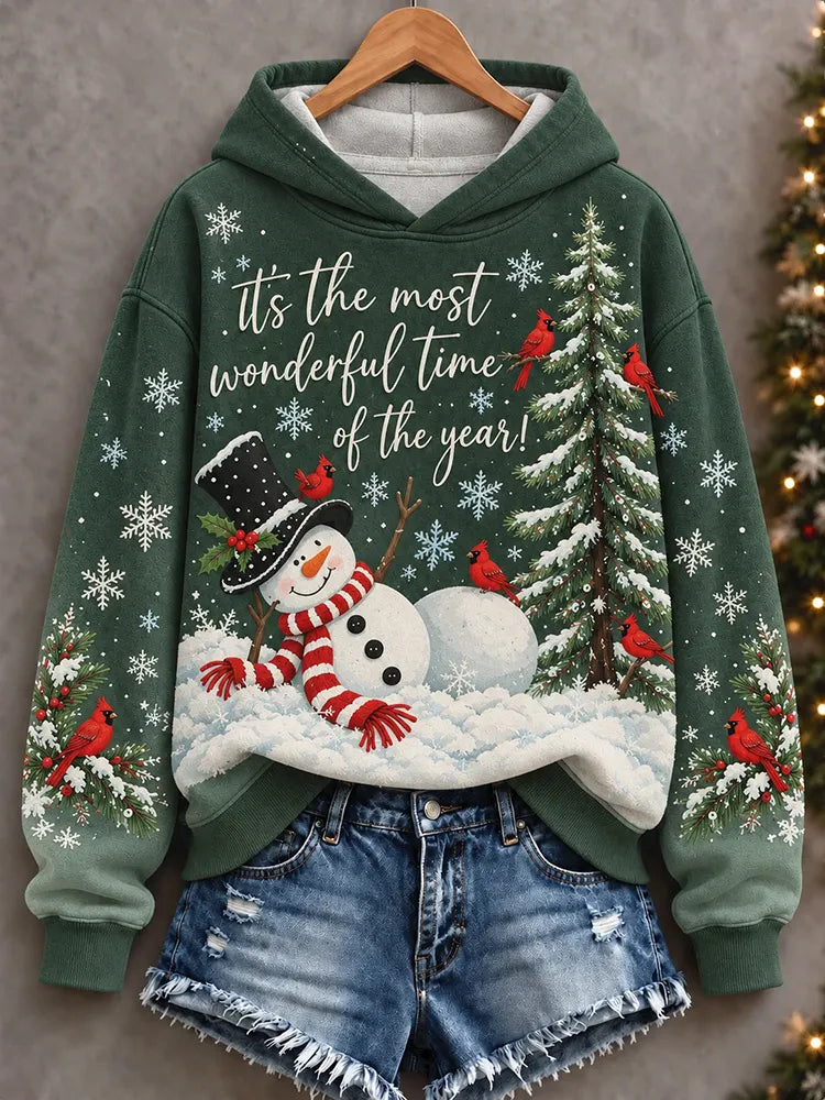 Cardydony Women's Festive Snowman Cardinal Christmas Tree Print Relaxed Fit Green Pullover Hoodie