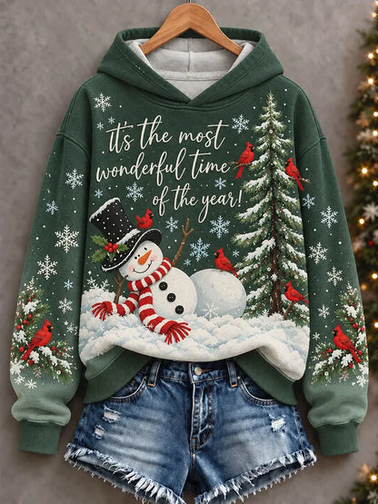 Cardydony Women's Festive Snowman Cardinal Christmas Tree Print Relaxed Fit Green Pullover Hoodie