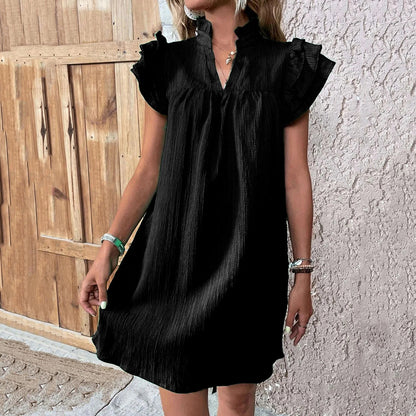 Cardydony Ruffled Notched Cap Sleeve Linen Dress