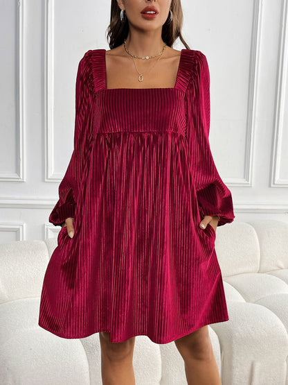 Cardydony Women's Textured A-Line Mini Dress with Square Neckline - Fall Chic
