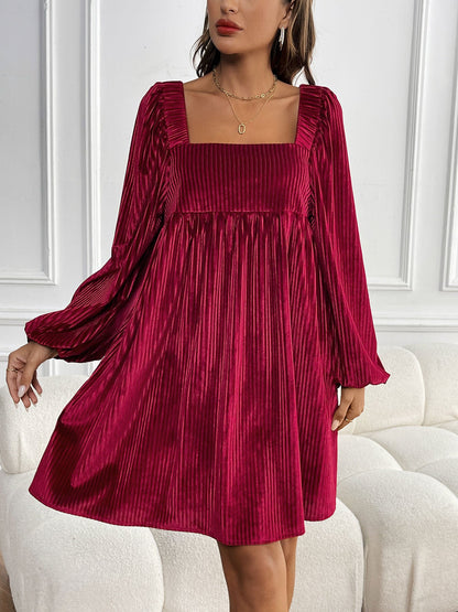 Cardydony Women's Textured A-Line Mini Dress with Square Neckline - Fall Chic