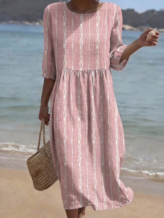 Cardydony Women's Simple Striped Art Print Casual Round Neck Dress