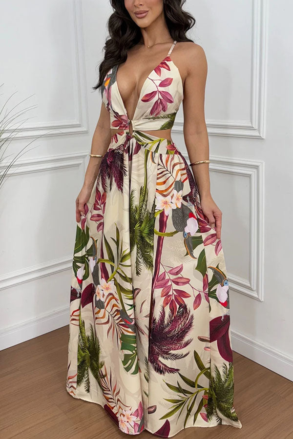 Cardydony Women's Seinah Floral Print Cutout Waist Open Back Lace-up Slit Maxi Dress