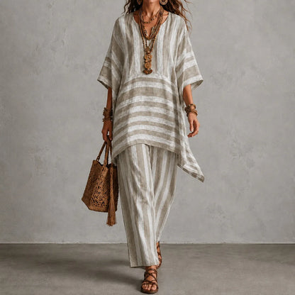 Cardydony Elegance V-neck Loose Striped Top + Loose Wide-leg Pants Two-piece Set