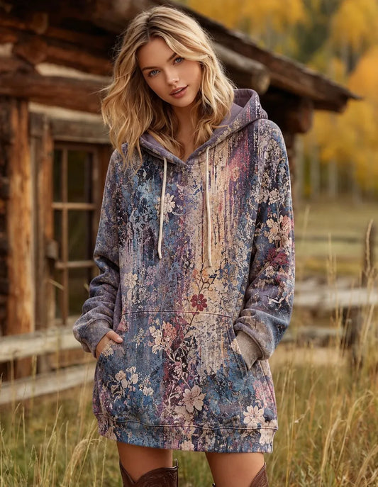 Cardydony Women's Vintage Bohemian Floral Print Long Hooded Sweatshirt