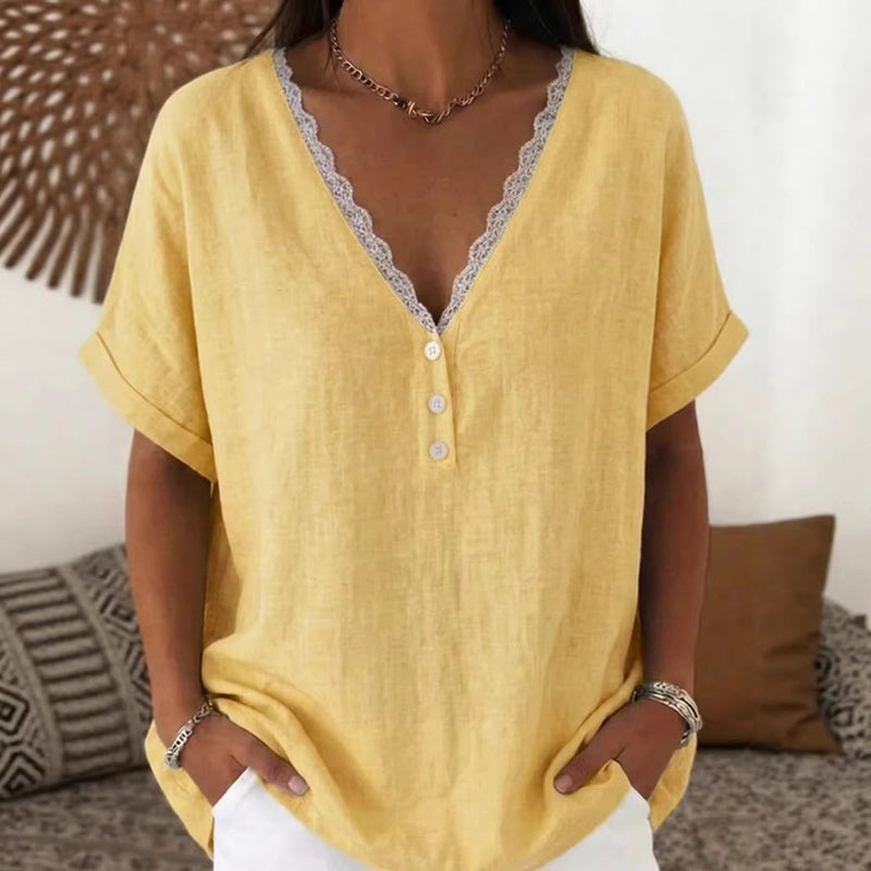 Cardydony Women's Solid Color Lace V-neck Short Sleeve Linen Blend T-shirt