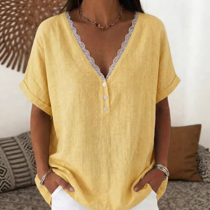 Cardydony Women's Solid Color Lace V-neck Short Sleeve Linen Blend T-shirt