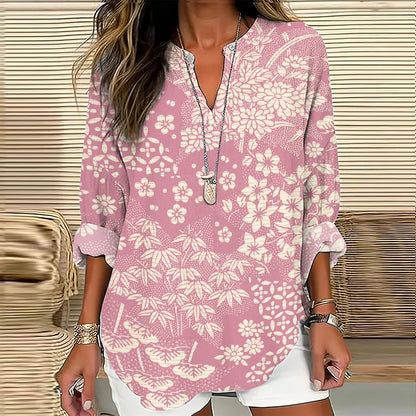 Cardydony Vintage Japanese Art Flower Print V-Neck Loose Blouse