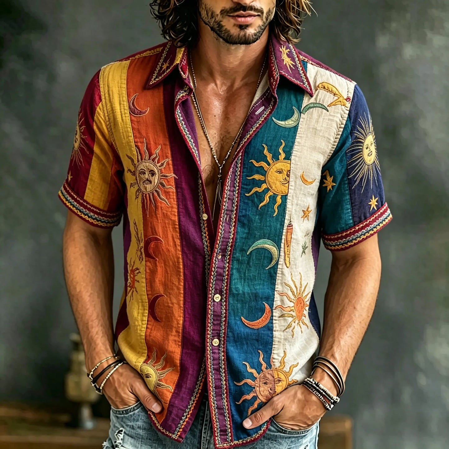 Cardydony Men's Retro Hippie Sun Moon Star Patchwork Pattern Short-sleeve Cotton Linen Shirt