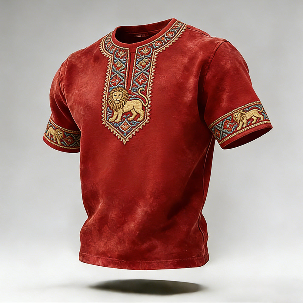 Cardydony Vintage Iranian Traditional Pattern Embroidered Crew Neck Short Sleeve