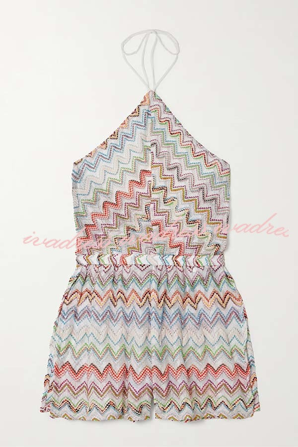 Cardydony Women's Juney Knit Colorful Zigzag Pattern Halter Neck Slit Wide Leg Loose Romper