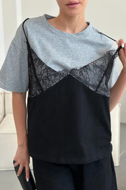 Cardydony Women's Fashionable Lace Patchwork Loose-fitting Round Neck Short-sleeved T-shirt