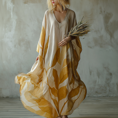 Cardydony Plant Pattern Design Casual Linen Dress
