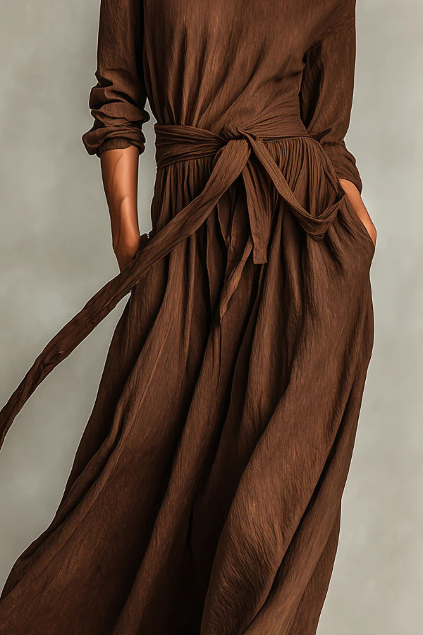 Cardydony Women's Linen Blend Round Neck Long Sleeve Waist Tie Casual Pocket Maxi Dress