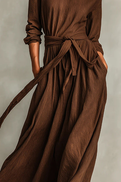 Cardydony Women's Linen Blend Round Neck Long Sleeve Waist Tie Casual Pocket Maxi Dress