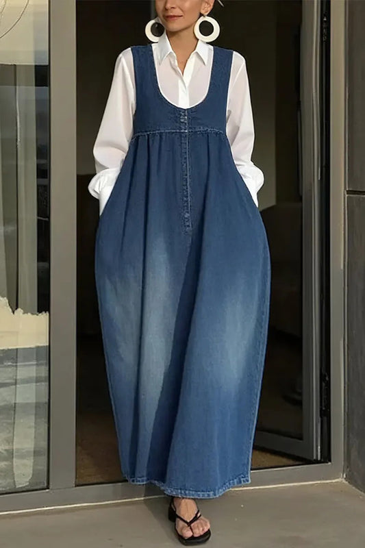 Cardydony Women's Stylish Sleeveless Loose-fitting Pocket Casual Denim Maxi Dress