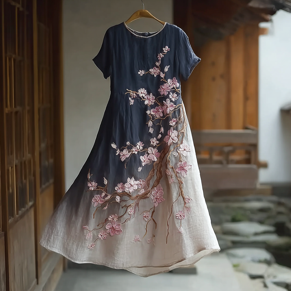 Cardydony Japanese Art Cherry Blossom Pattern Design Casual Linen Dress