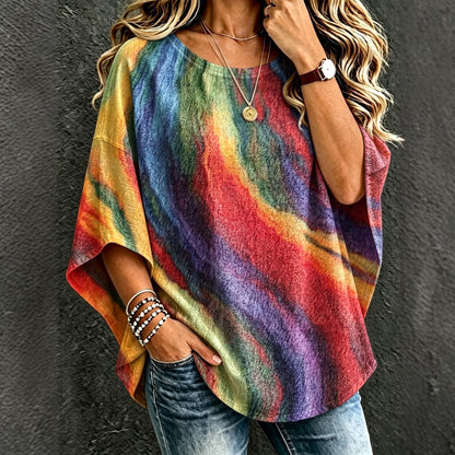 Cardydony Women's Bohemian Vintage Rainbow Art Print Flowy Linen Blend Casual Tops