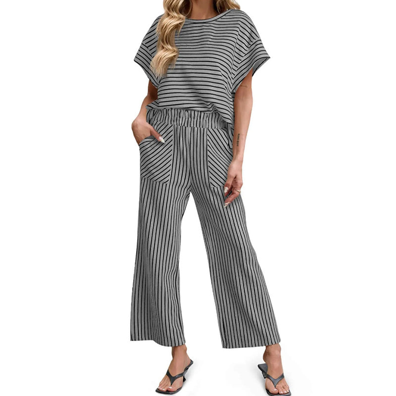 Cardydony Striped Short Sleeve T-shirts Wide Leg Pants Two Piece Set